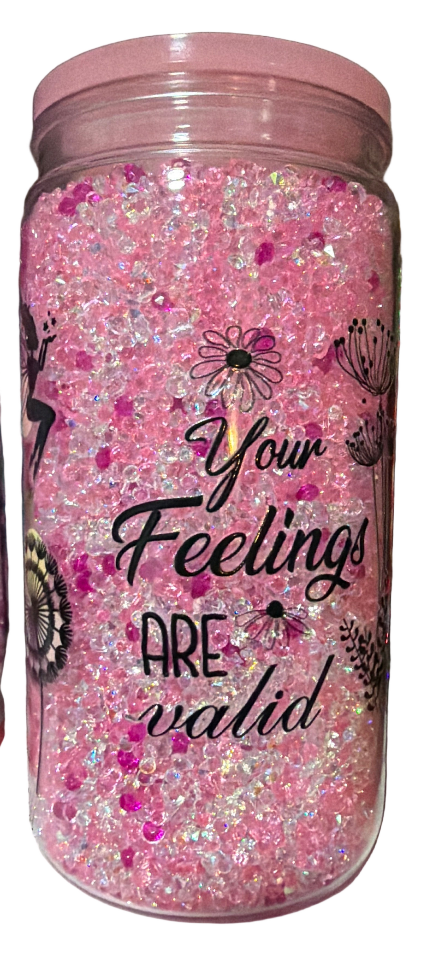 16oz acrylic, pink lid and straw, filled with crystal diamonds!