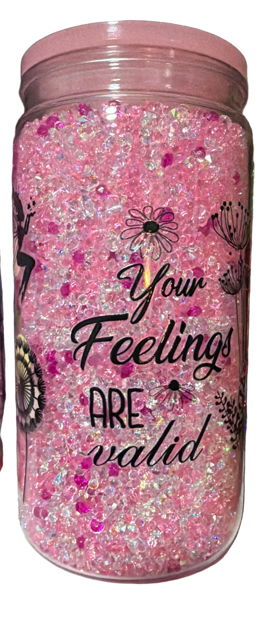 16oz acrylic, pink lid and straw, filled with crystal diamonds!