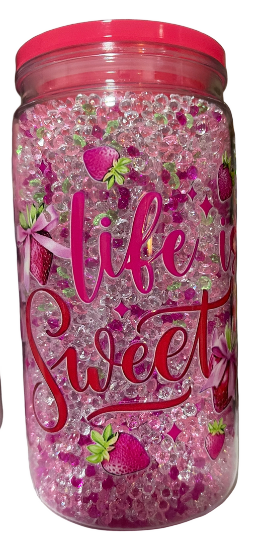 16oz acrylic Dark pink lid and straw, filled with crystal diamonds!